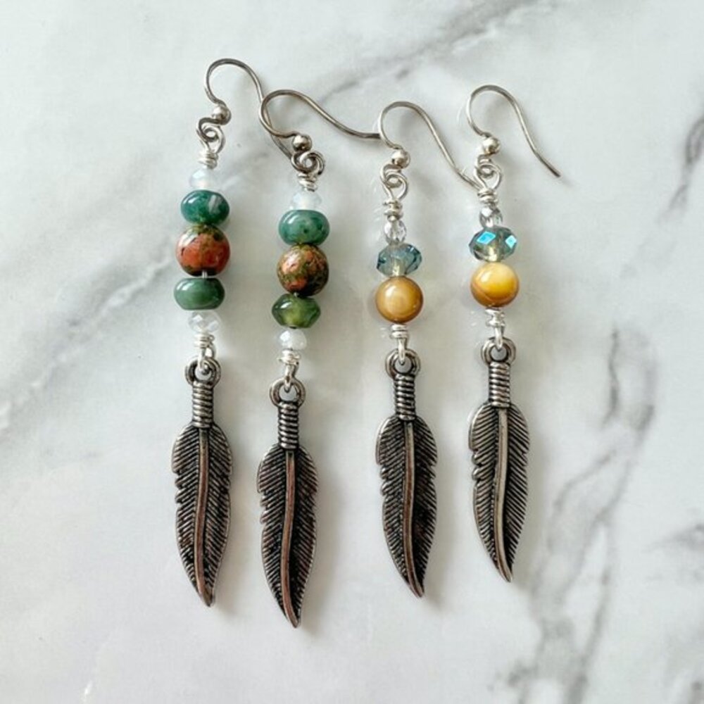 2 Pairs of Beaded Feather Earrings
